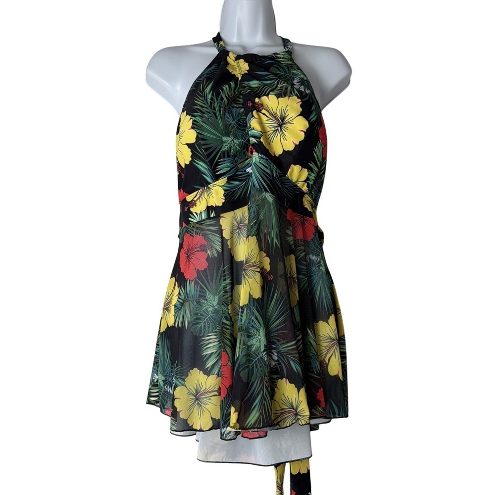 Tropical Halter Swimdress Bikini in Black with Yellow & Red Hibiscus
